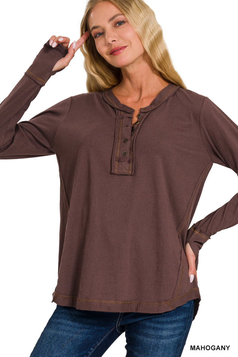 Button Closure Long Sleeve Top in Mahogany