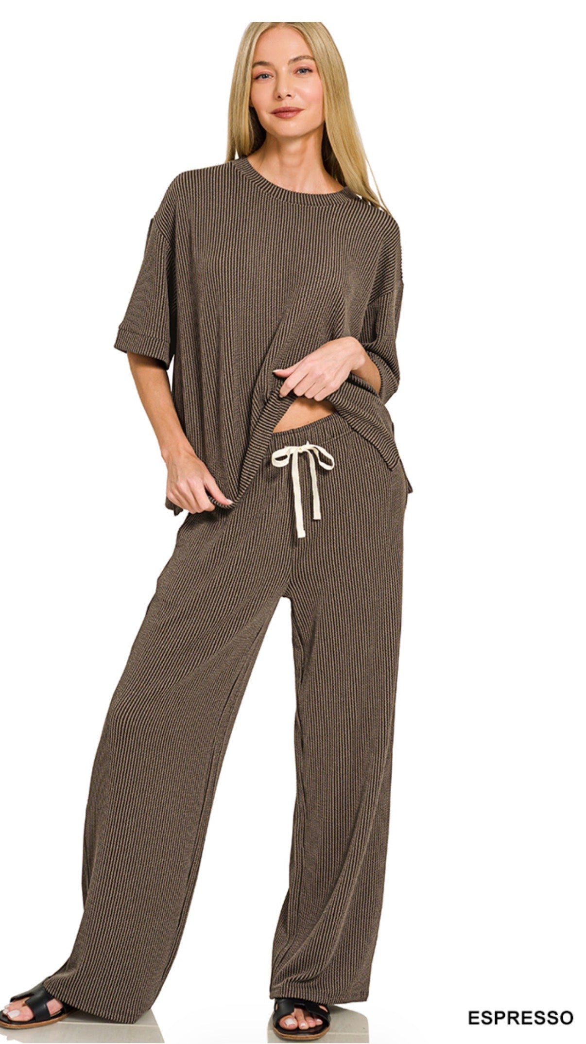 Raised Rib Short Sleeve Pant Set in Espresso