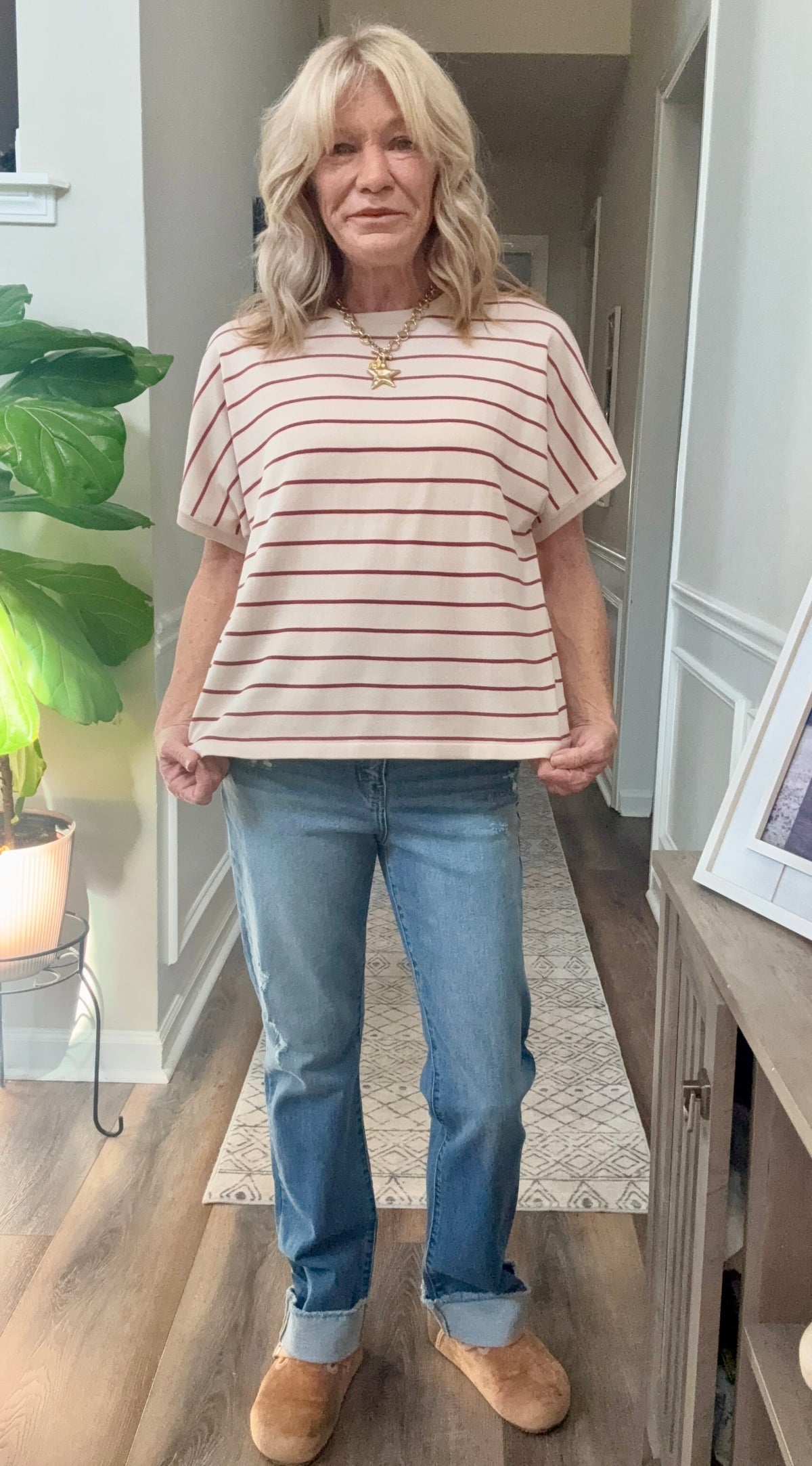 Stripe Boxy Top in Berry/Taupe