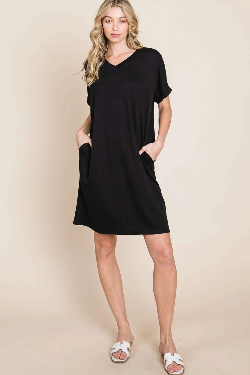 V-neck Baby Terry Dress in Black