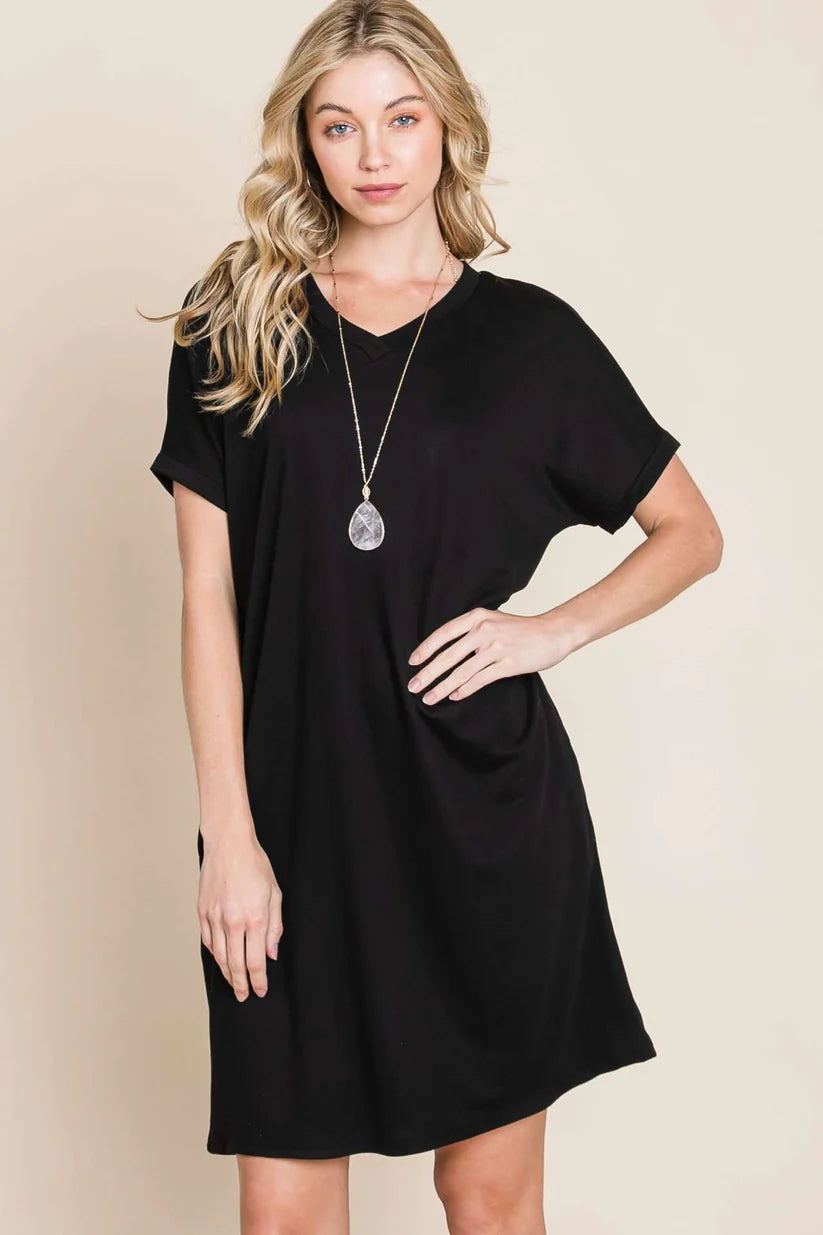 V-neck Baby Terry Dress in Black