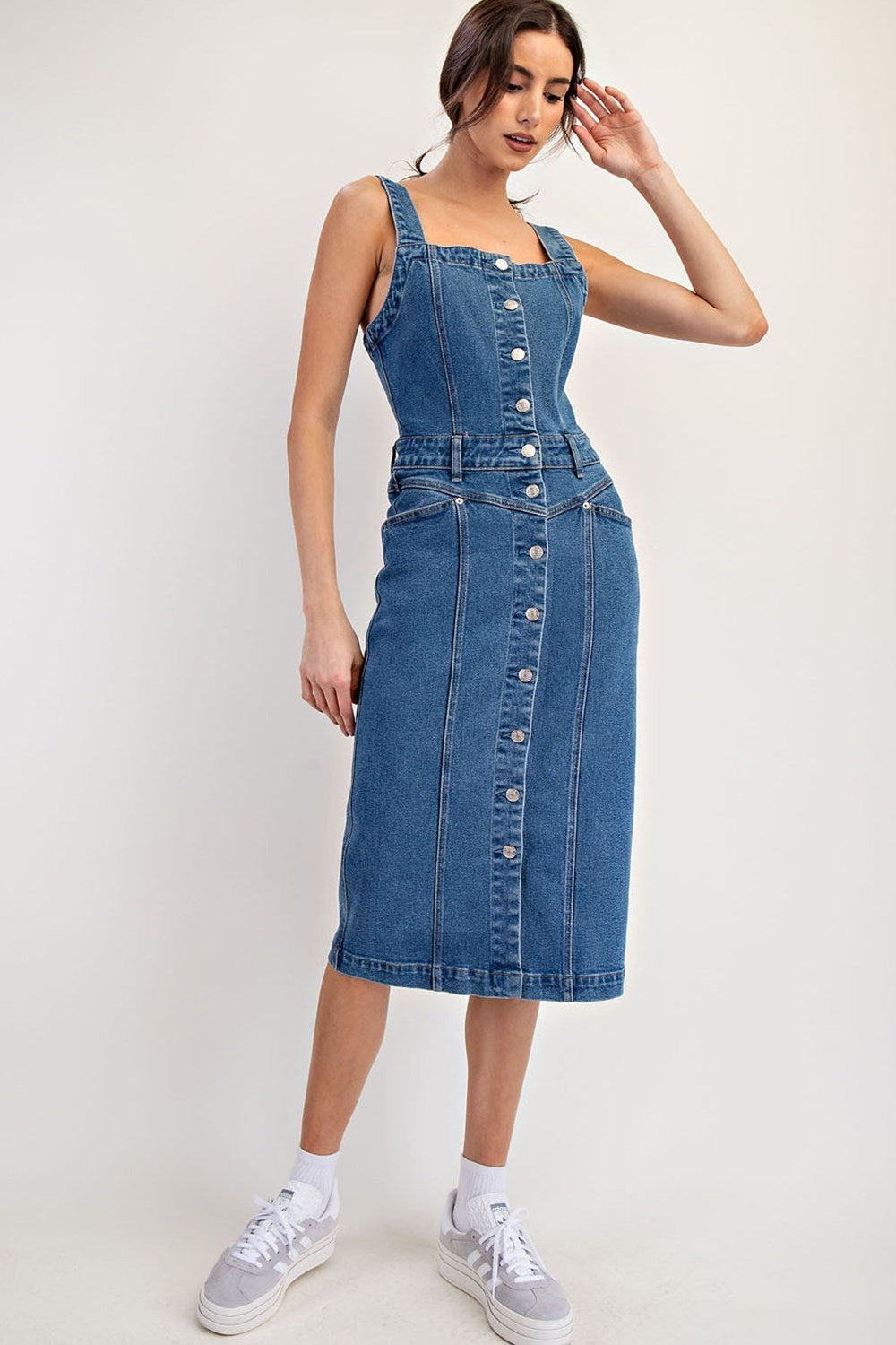 Mineral Washed Buton Midi Denim Dress