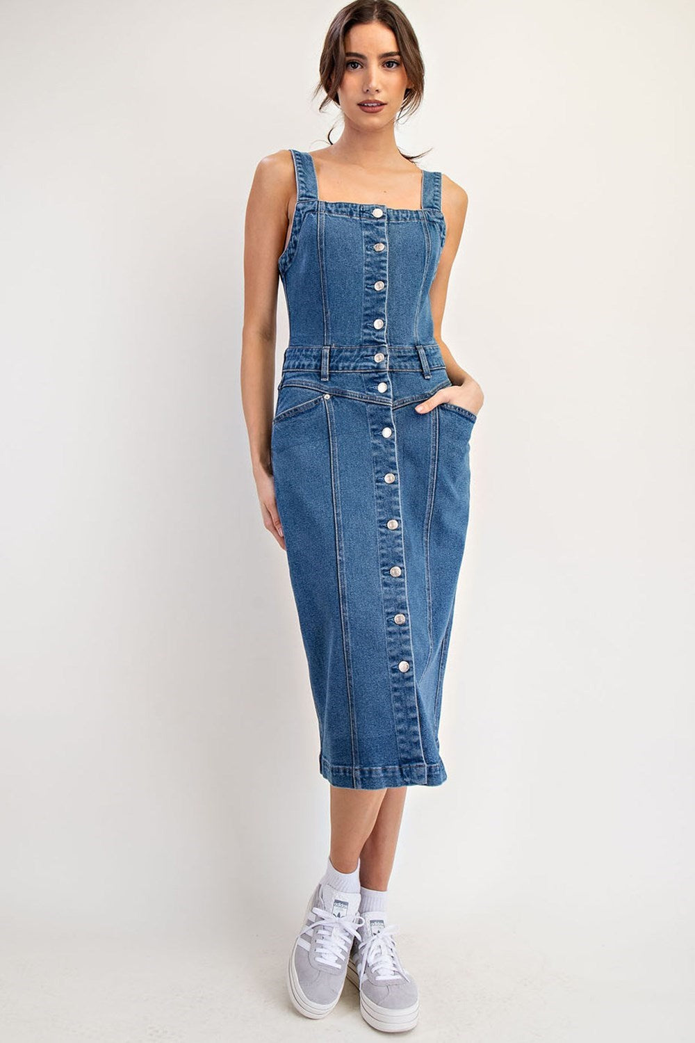 Mineral Washed Buton Midi Denim Dress