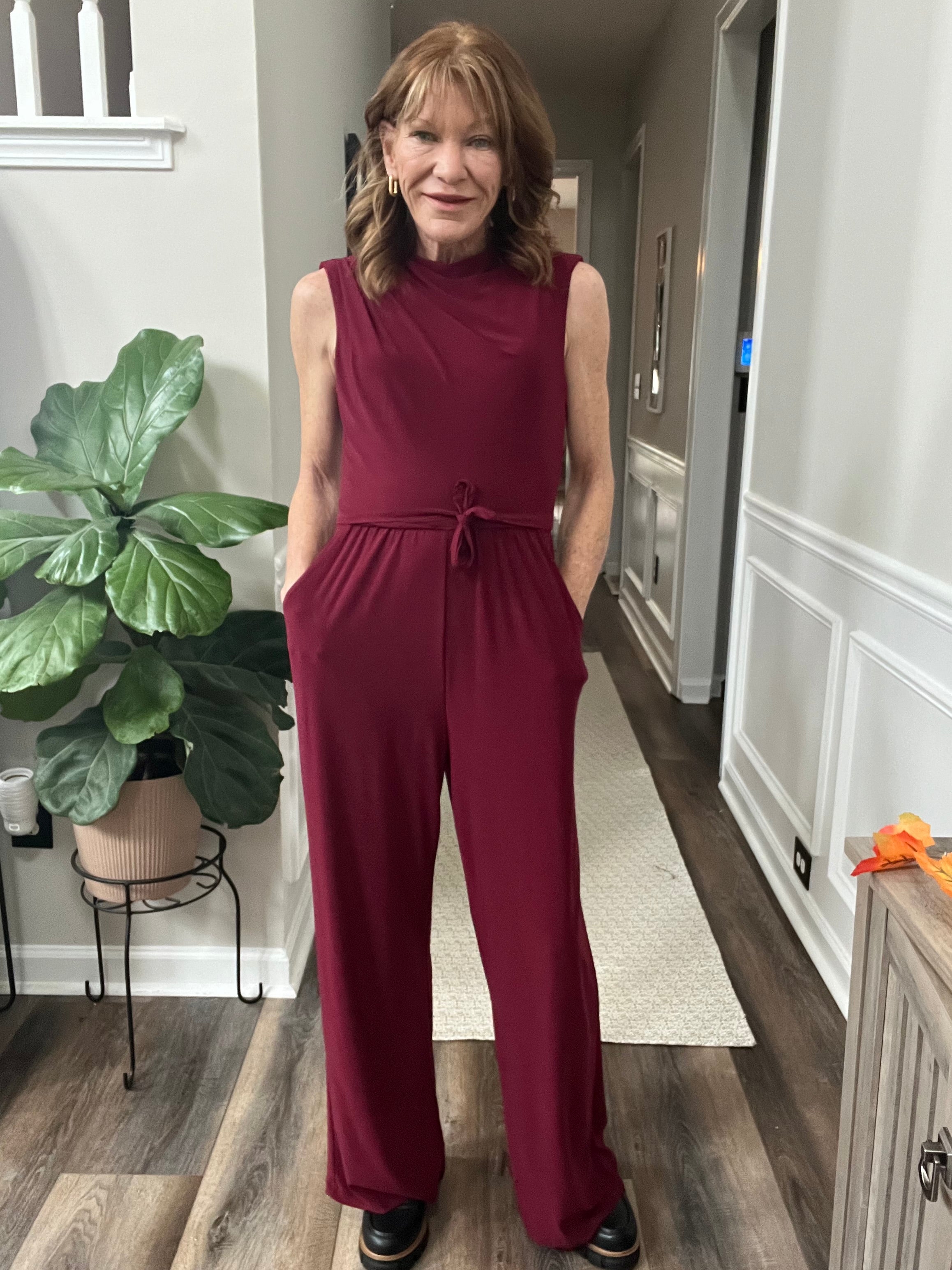 Mock Neck Wide Leg Jumpsuit in Burgundy