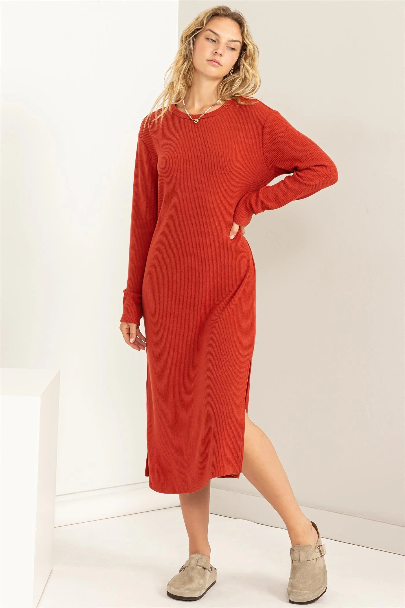 Ribbed Long Sleeve Midi Dress in Redwood