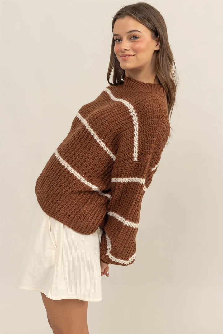 Stripe Mock Neck Oversized Sweater in Brown