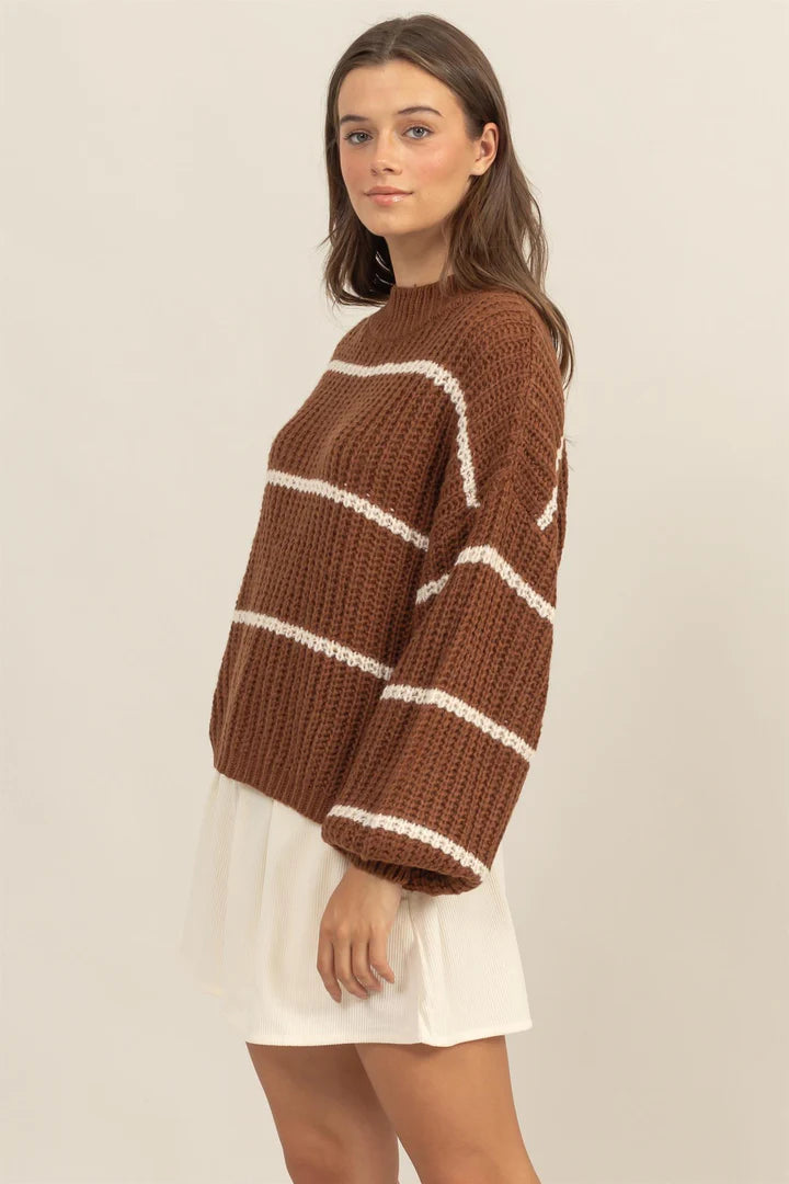 Stripe Mock Neck Oversized Sweater in Brown