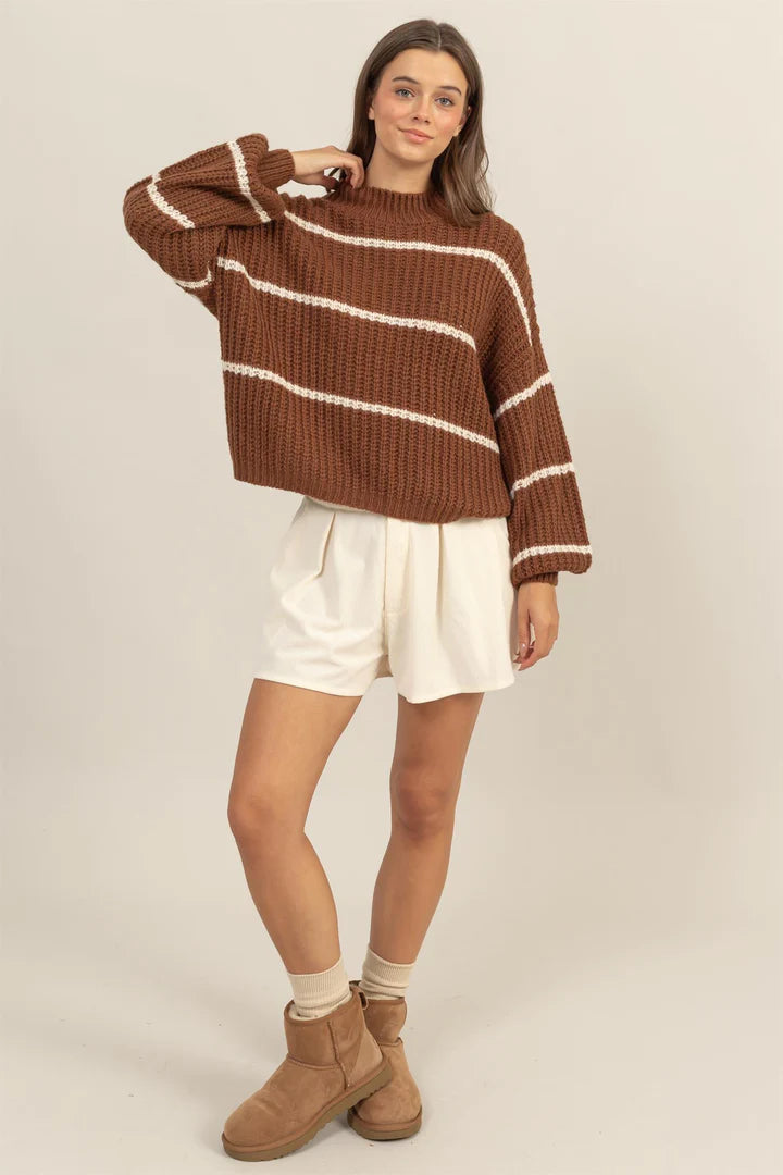 Stripe Mock Neck Oversized Sweater in Brown