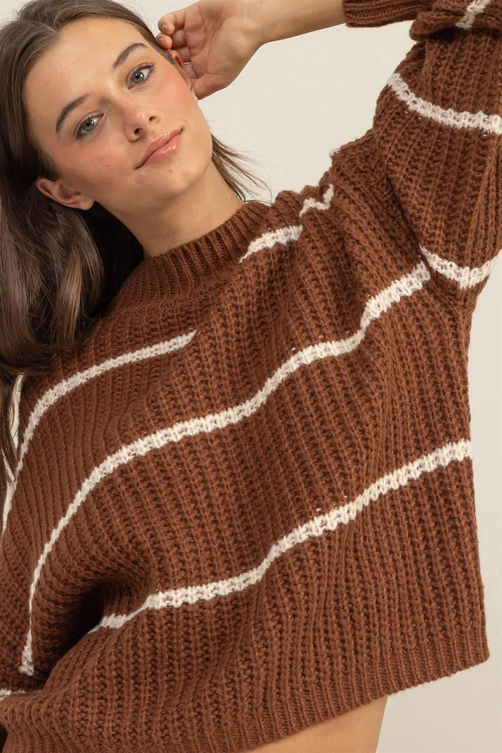 Stripe Mock Neck Oversized Sweater in Brown