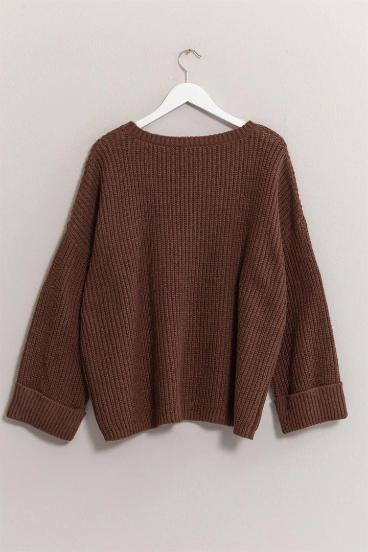 Round Neck Oversized Sweater in Brown