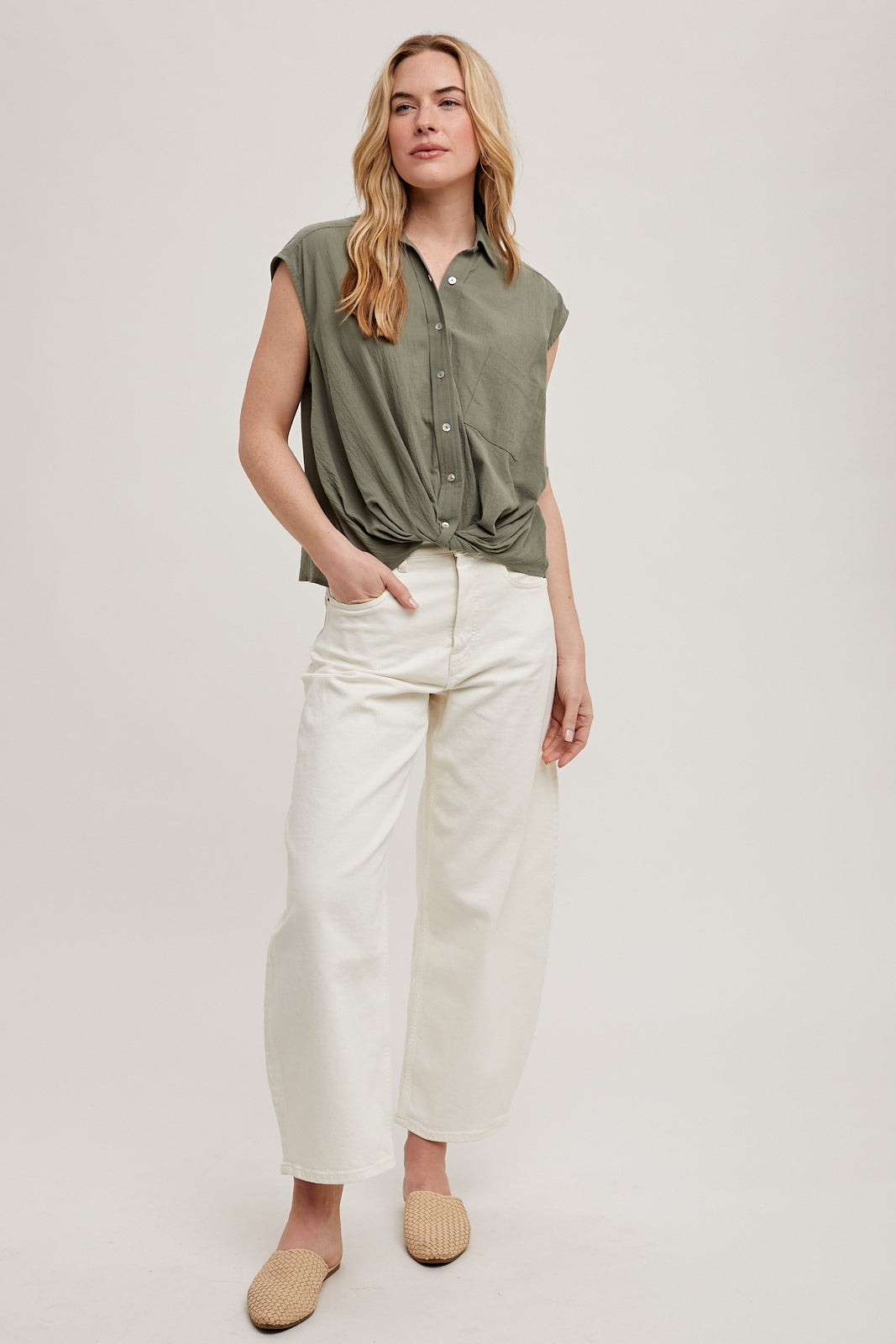 Knotted Hem Blouse in Olive