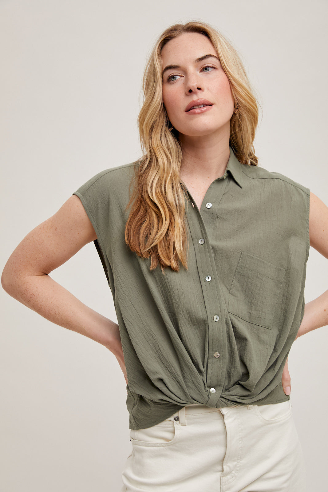 Knotted Hem Blouse in Olive