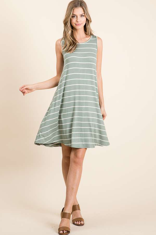 Casual Striped Tank Dress in Sage