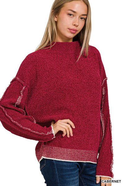 Oversized Mock Neck Raw Seam Chenille Sweater