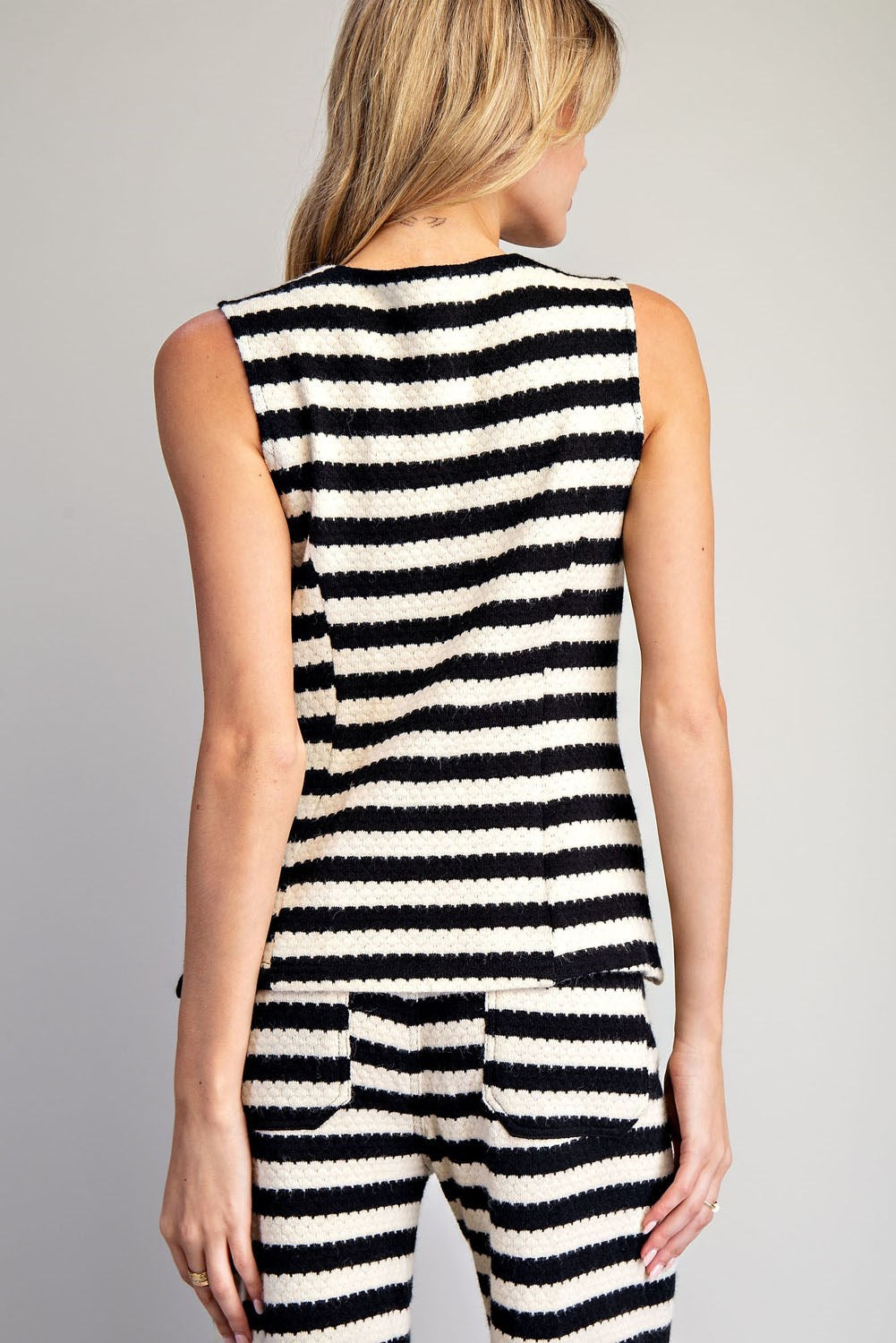 Scallop Striped Knit Button Down Vest