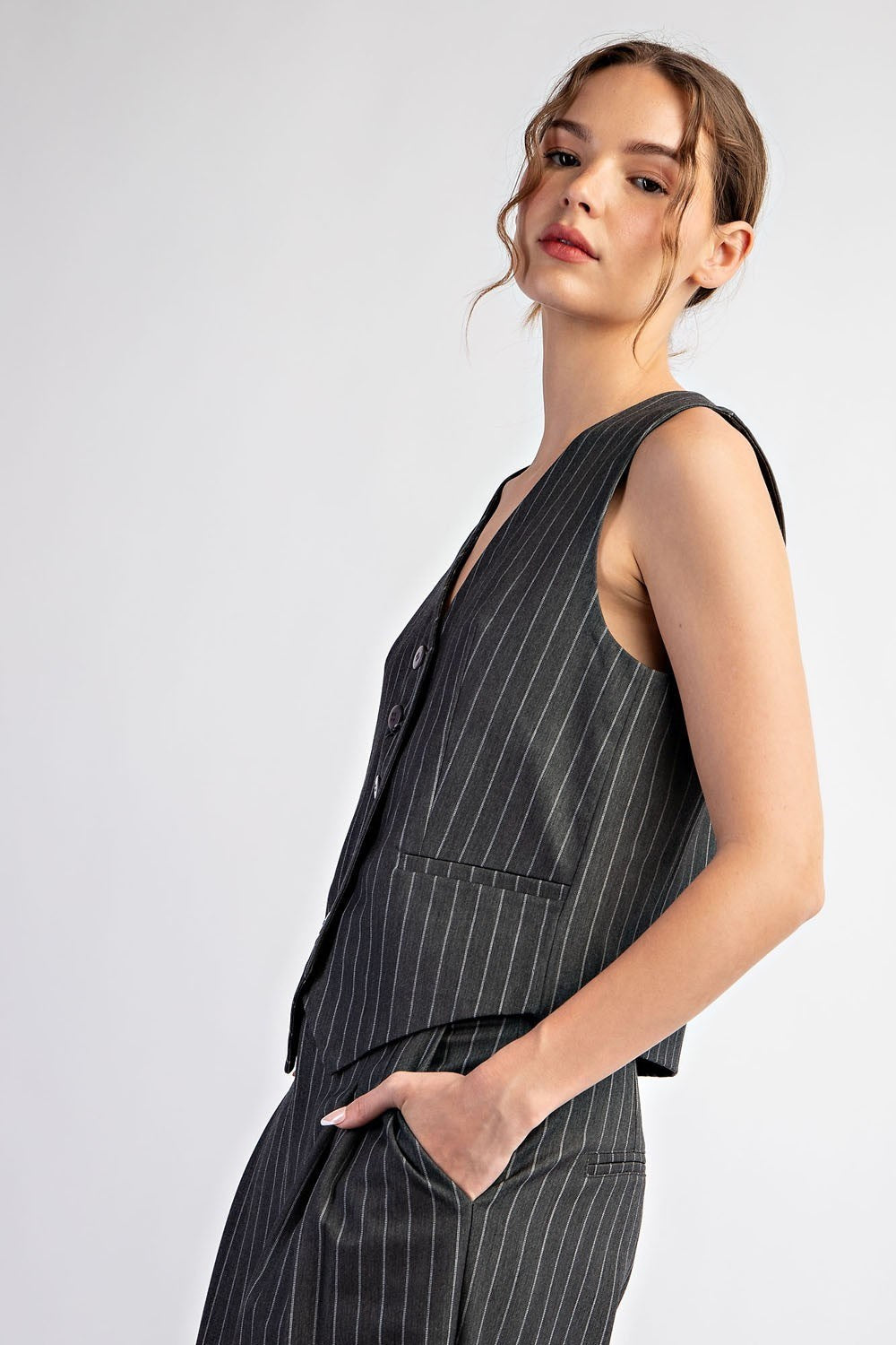 Pinstripe Button Down Vest in Black