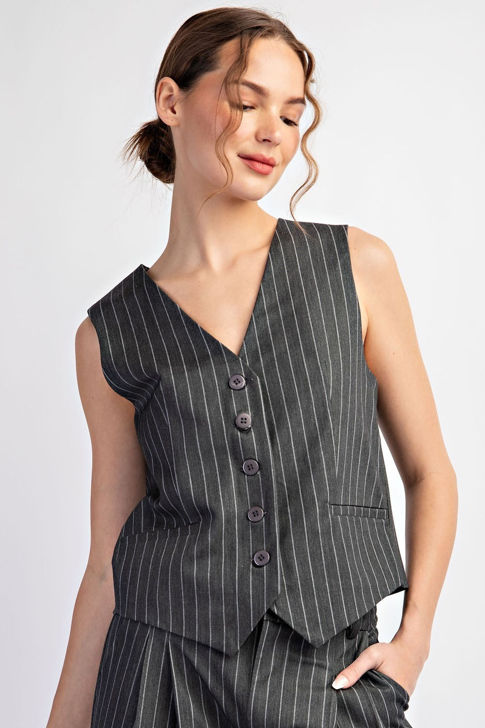 Pinstripe Button Down Vest in Black