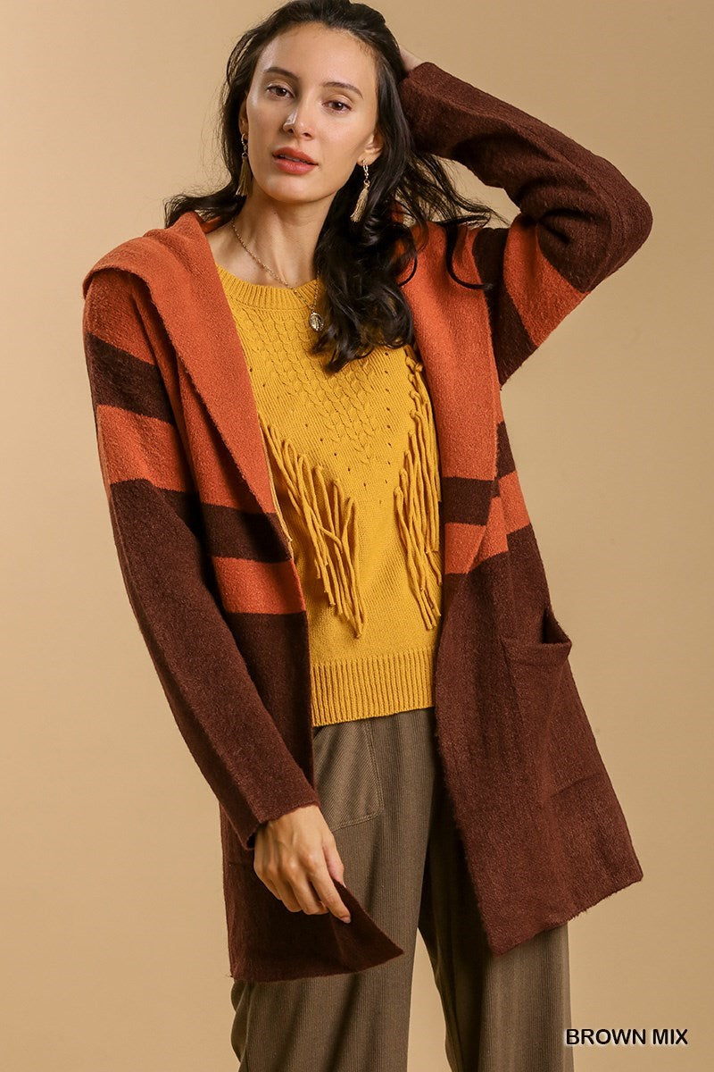 Color Block Hooded Cardigan in Brown Mix