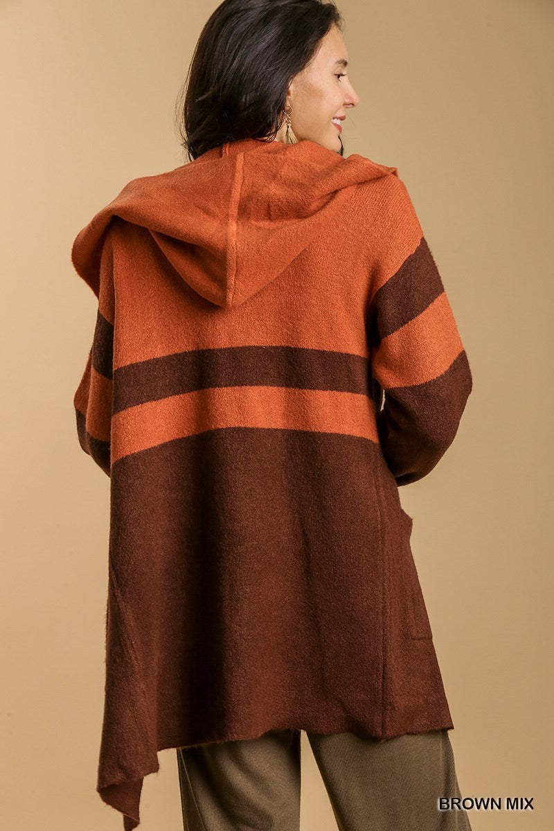 Color Block Hooded Cardigan in Brown Mix