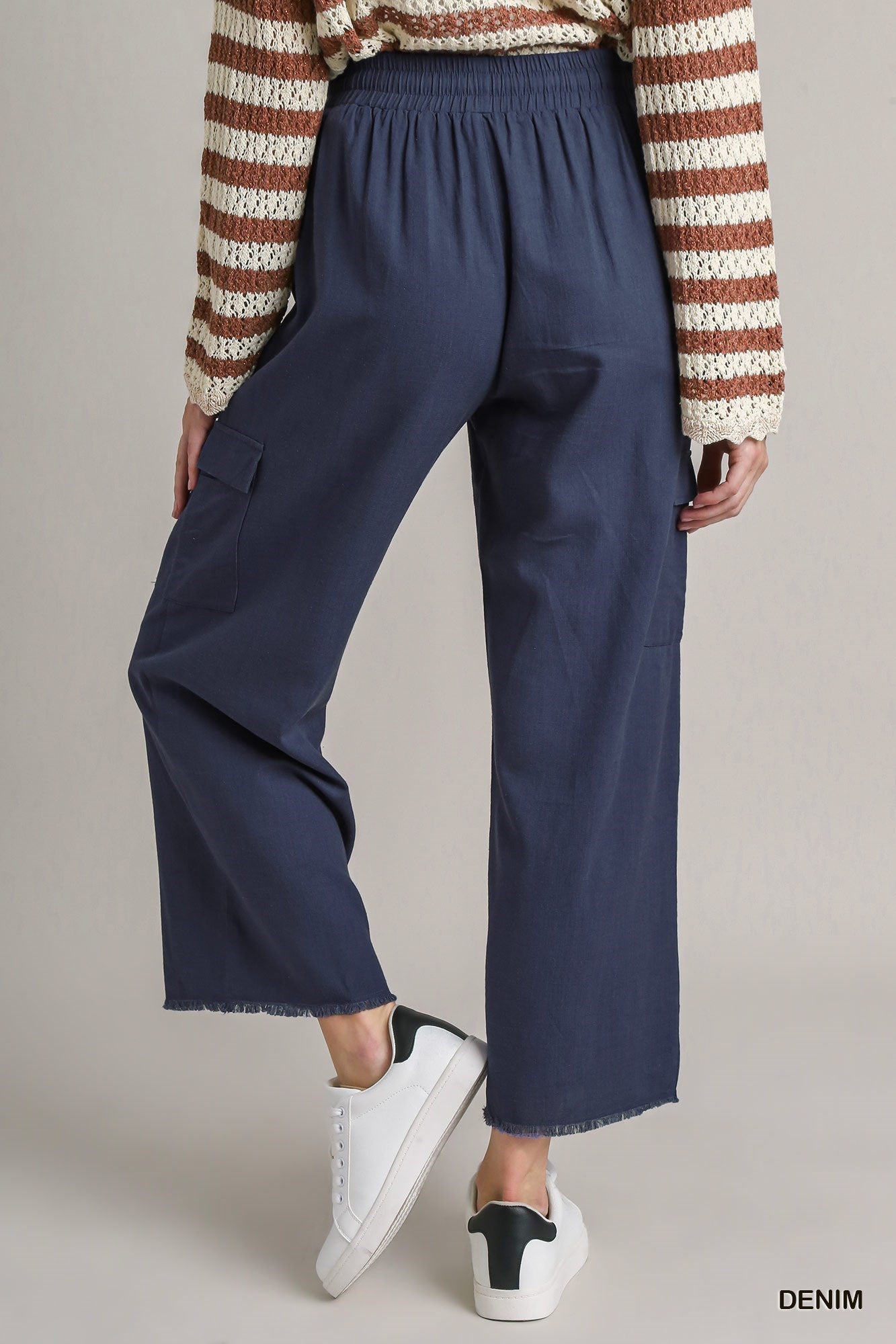 Linen Blend Cargo Pants with Frayed Hem in Navy