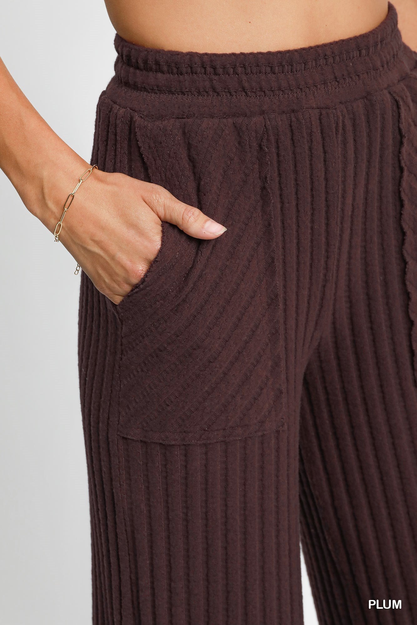 Wide Ribbed Knit Pants in Plum