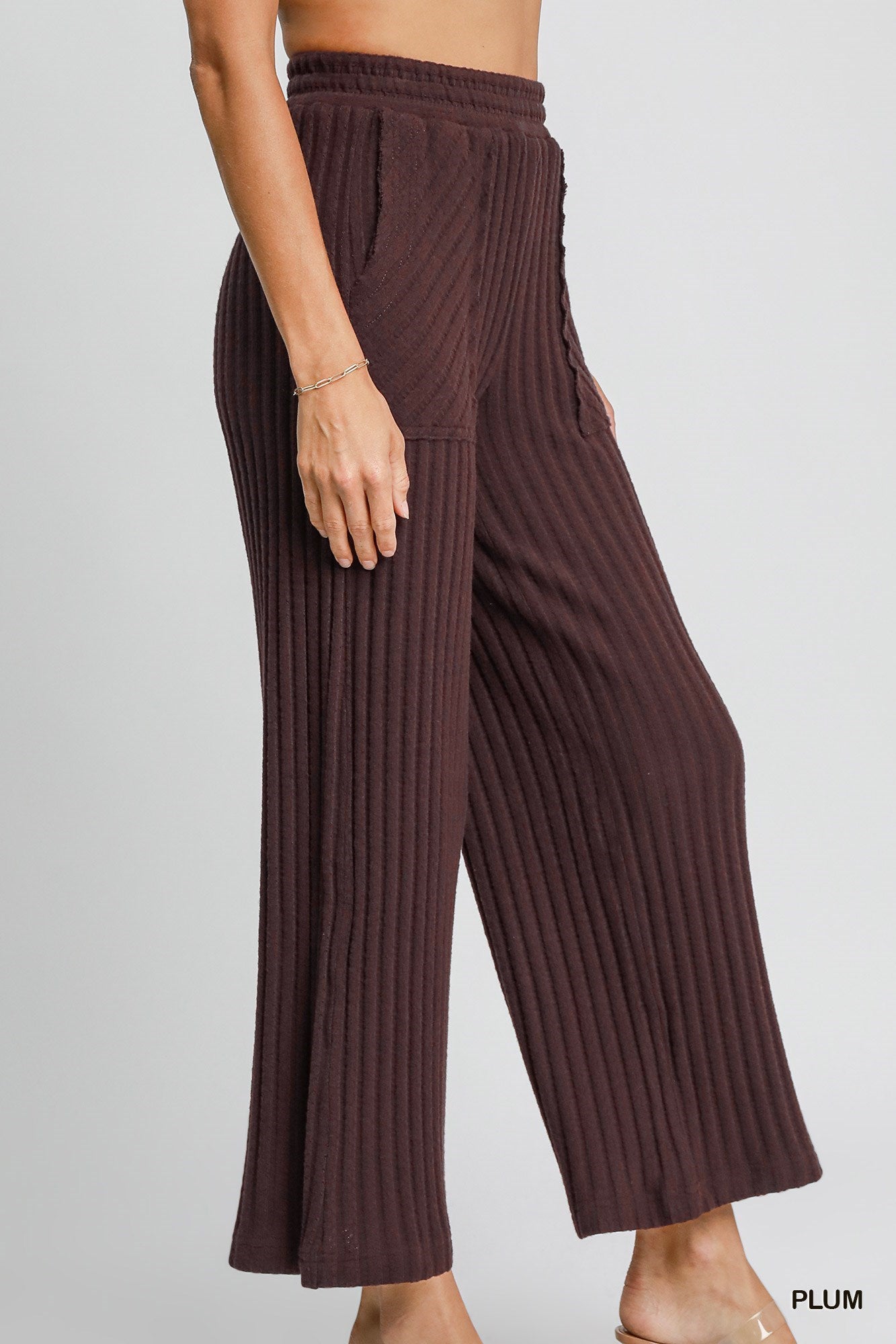 Wide Ribbed Knit Pants in Plum