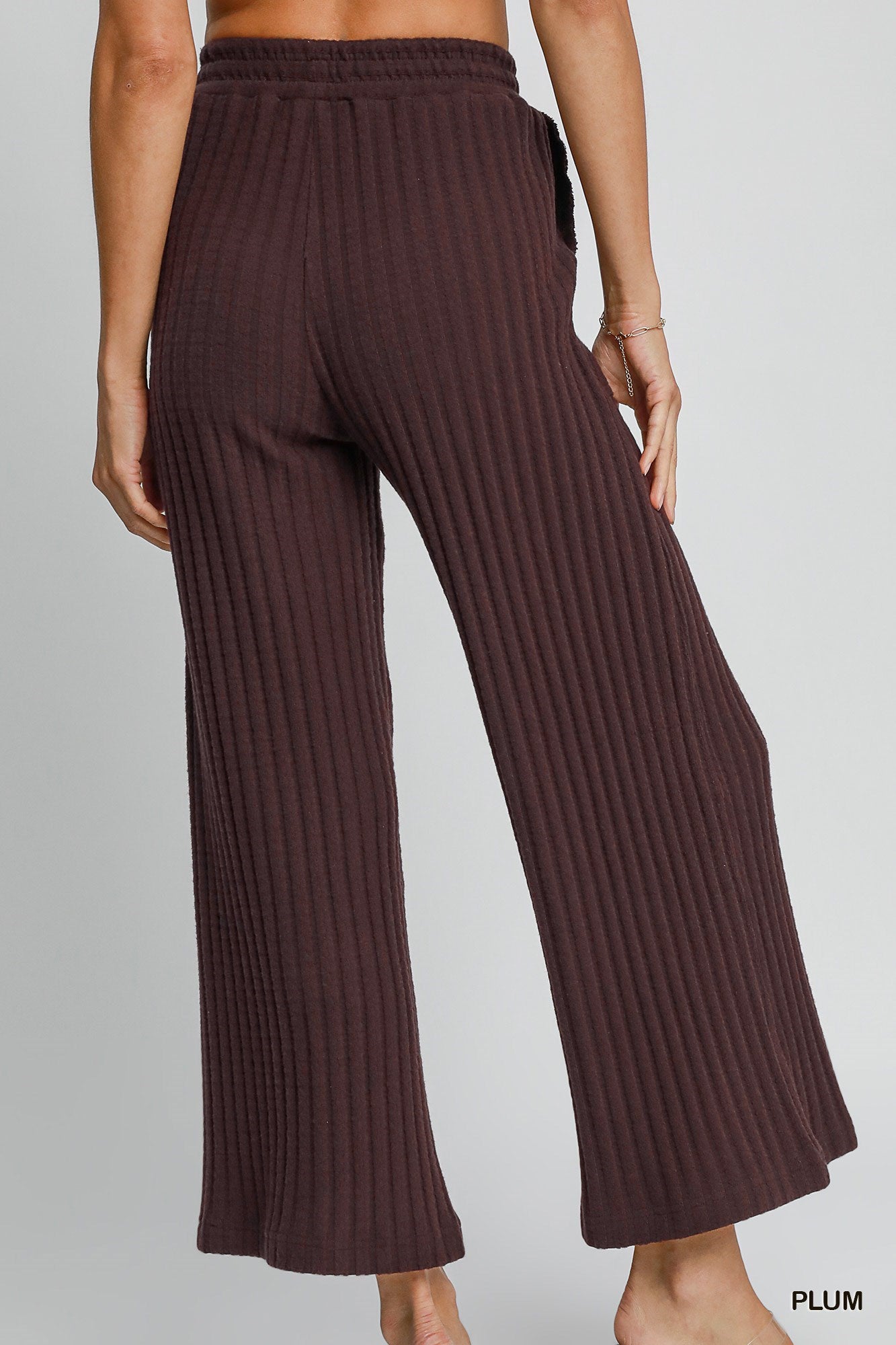 Wide Ribbed Knit Pants in Plum