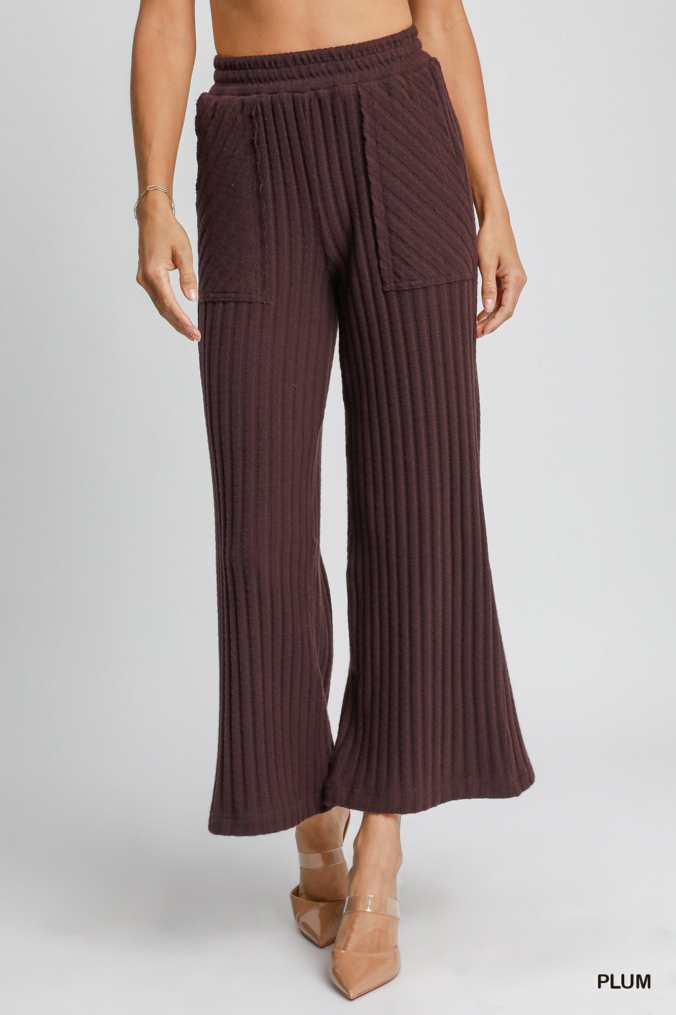 Wide Ribbed Knit Pants in Plum