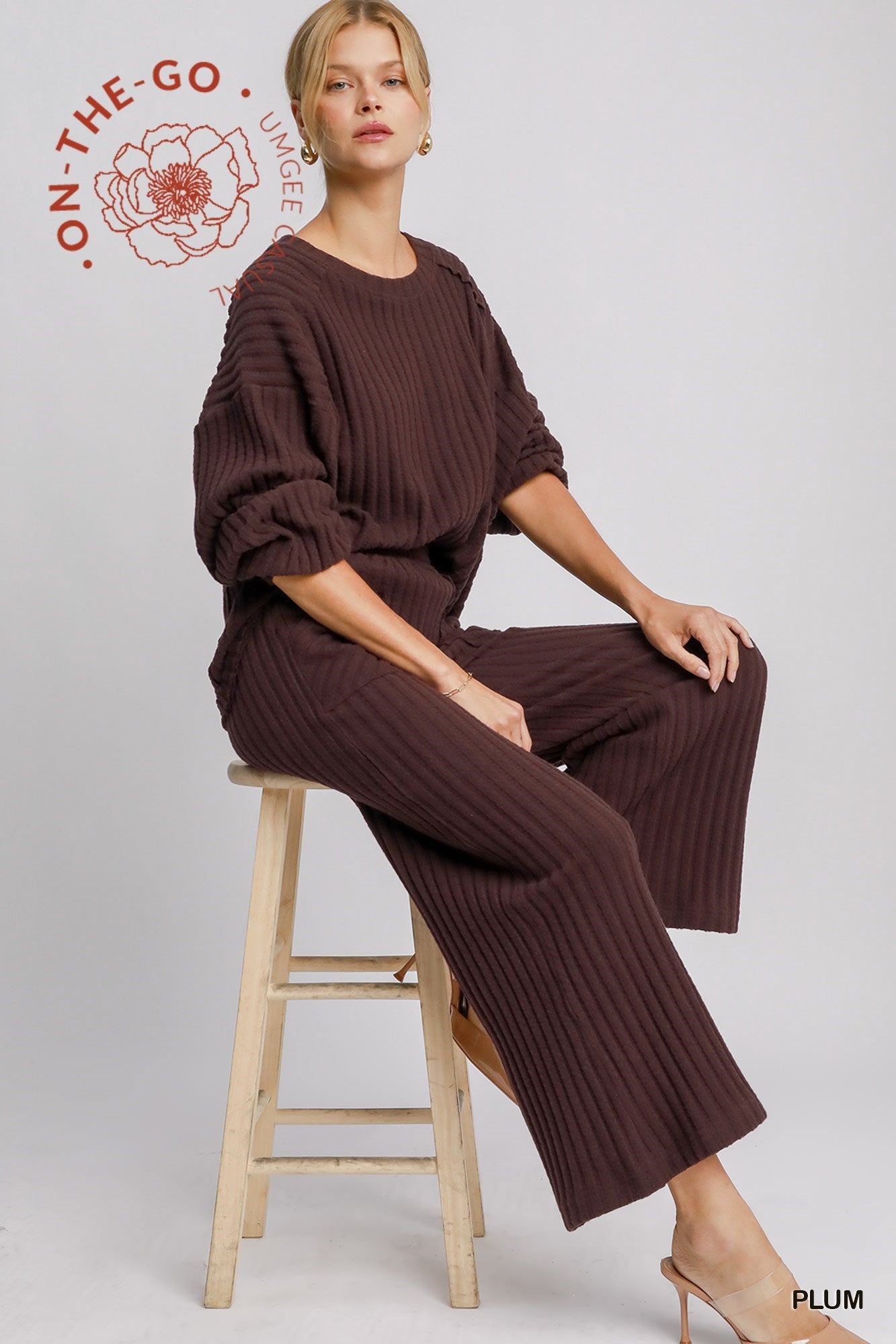 Wide Ribbed Knit Pants in Plum