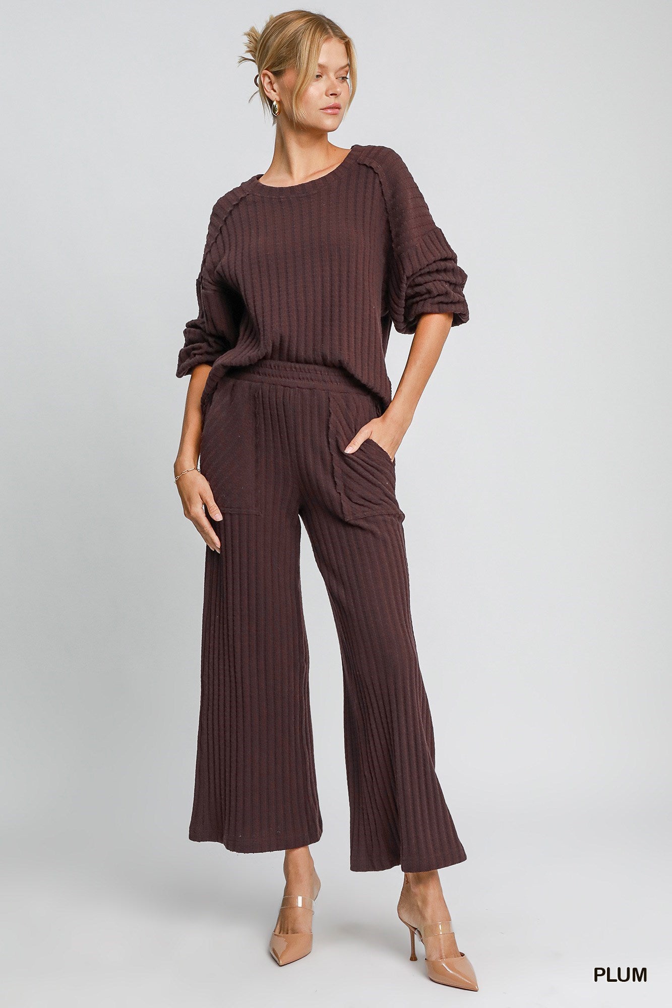 Brushed Wide Ribbed Sweater in Plum