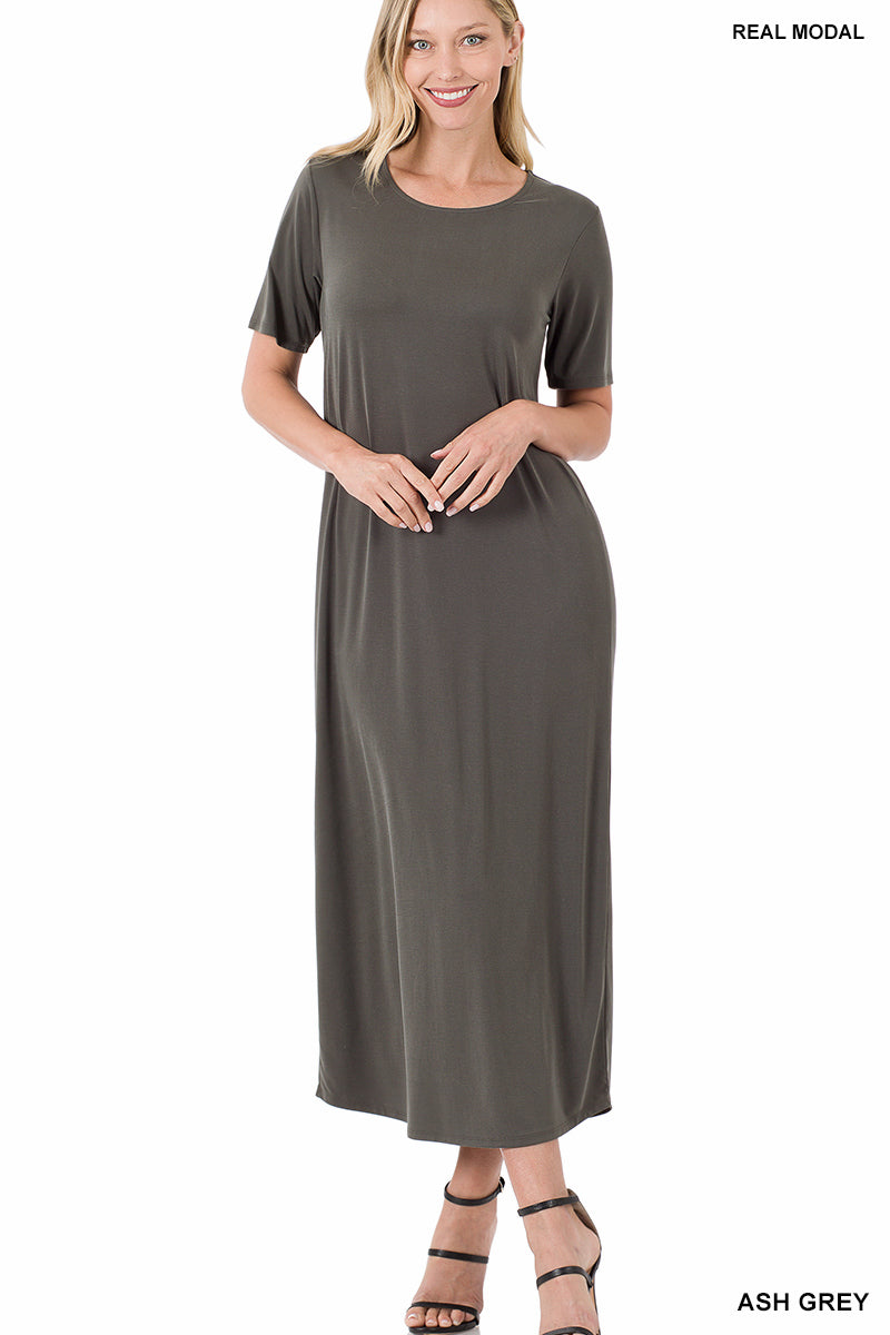 Short Sleeve Modal Maxi Dress in Ash Gray