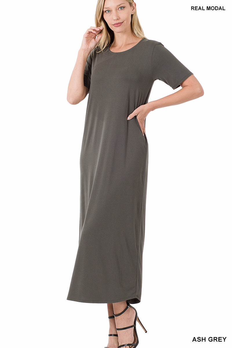 Short Sleeve Modal Maxi Dress in Ash Gray