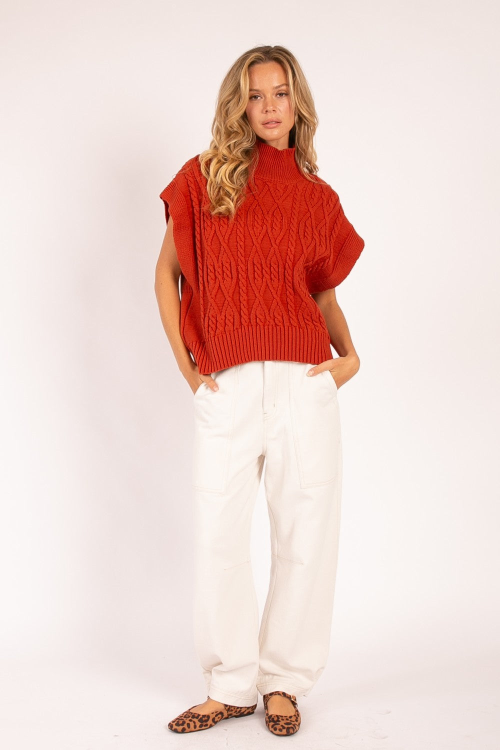 Mock Neck Cable Knit Sweater Vest in Rust