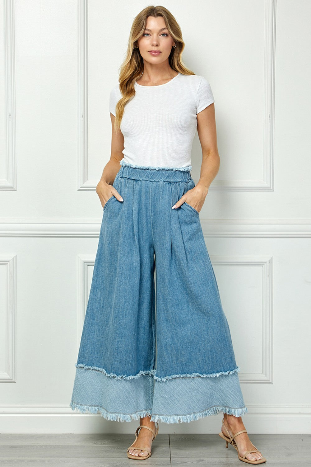 Fringe Detail Wide Leg Denim Pants