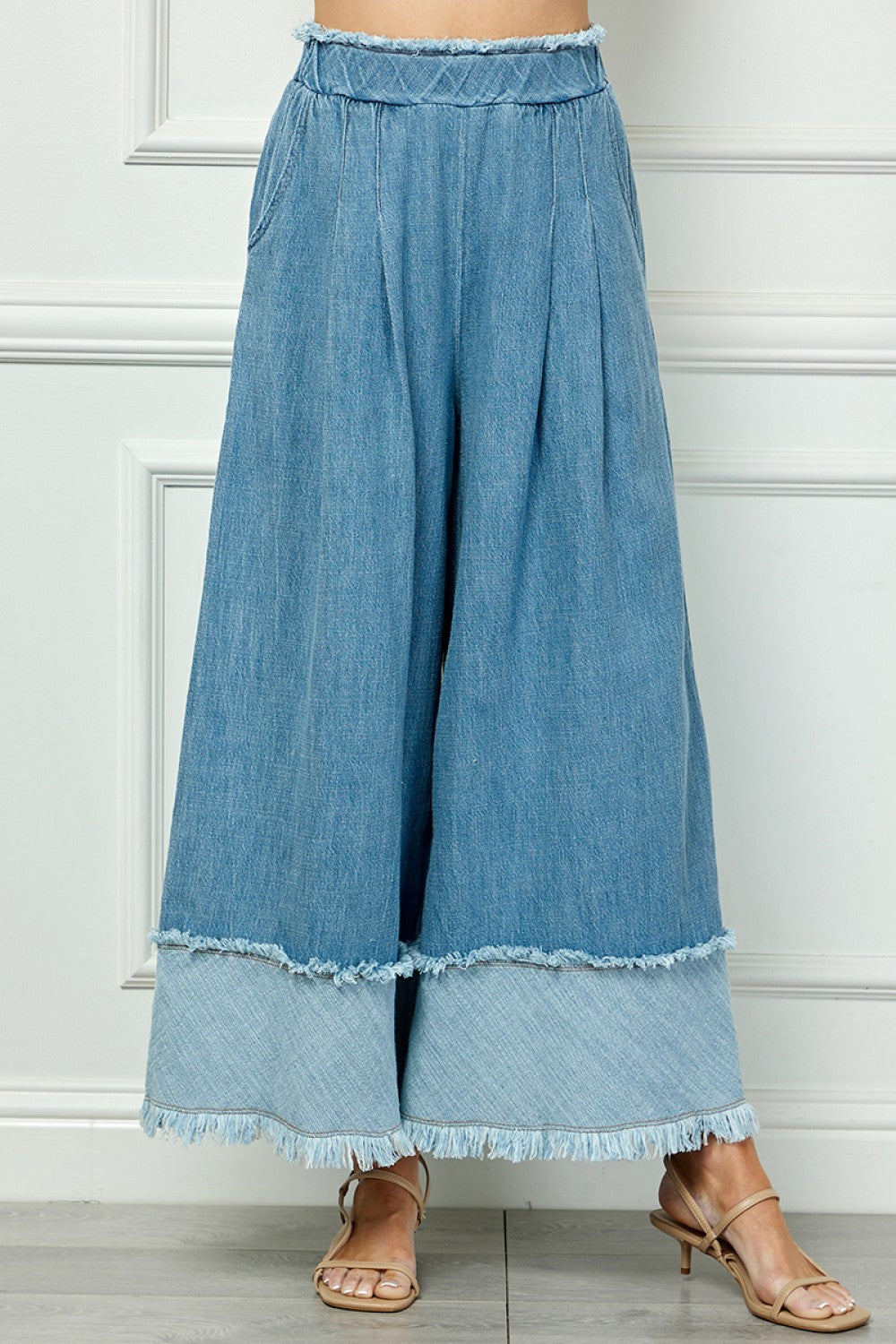 Fringe Detail Wide Leg Denim Pants