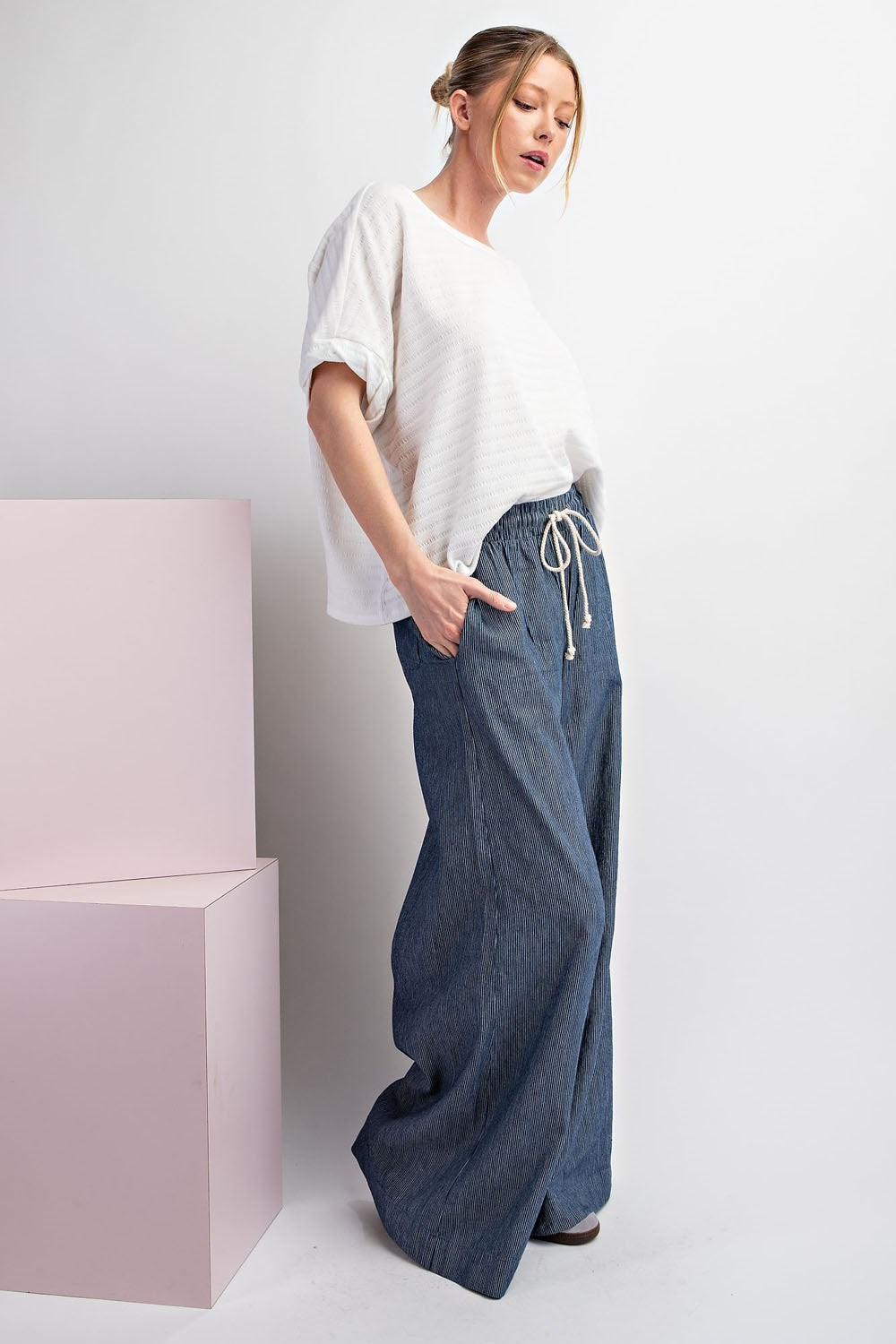 Pinstripe Wide Leg Denim Pants