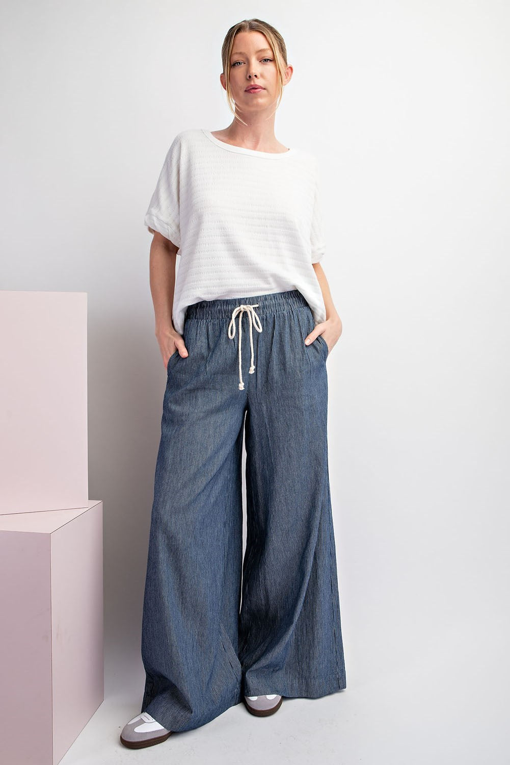 Pinstripe Wide Leg Denim Pants