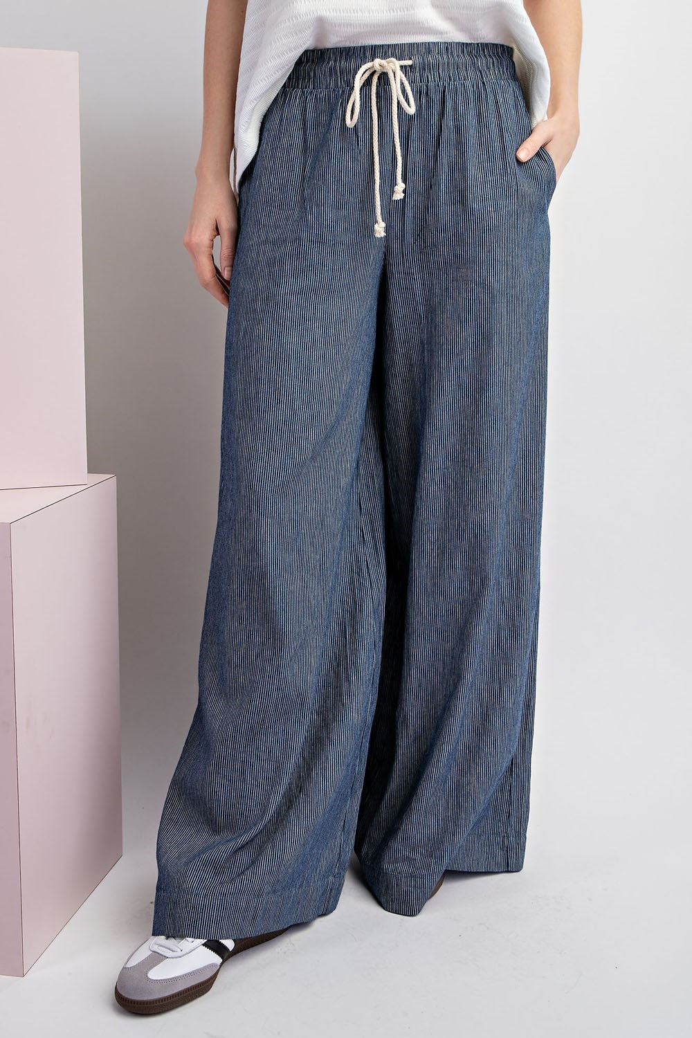 Pinstripe Wide Leg Denim Pants