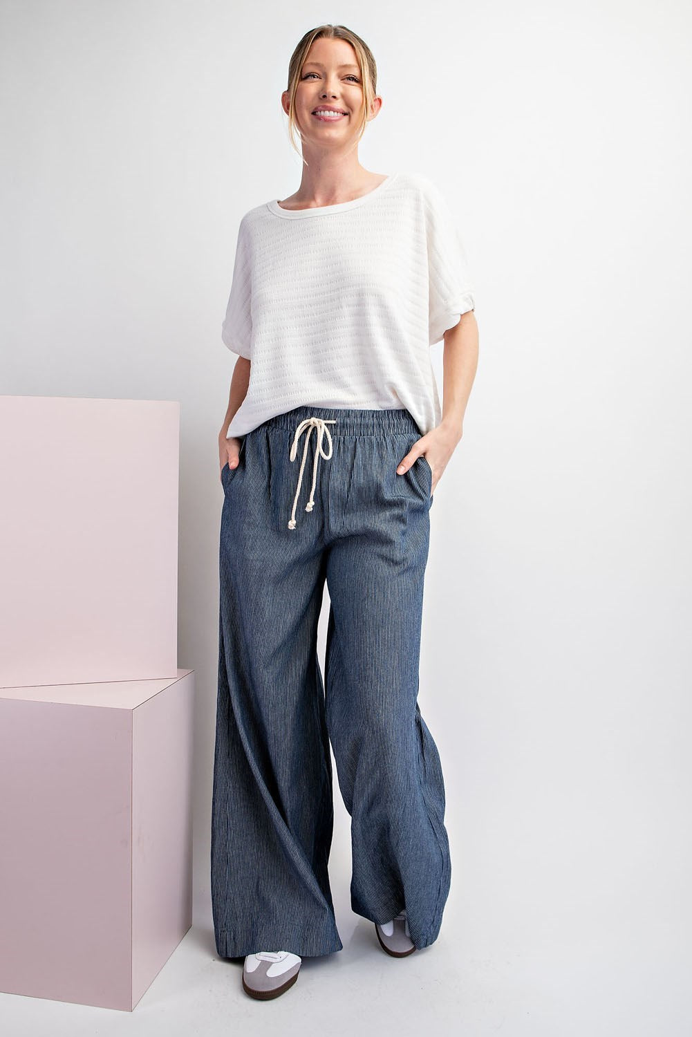 Pinstripe Wide Leg Denim Pants