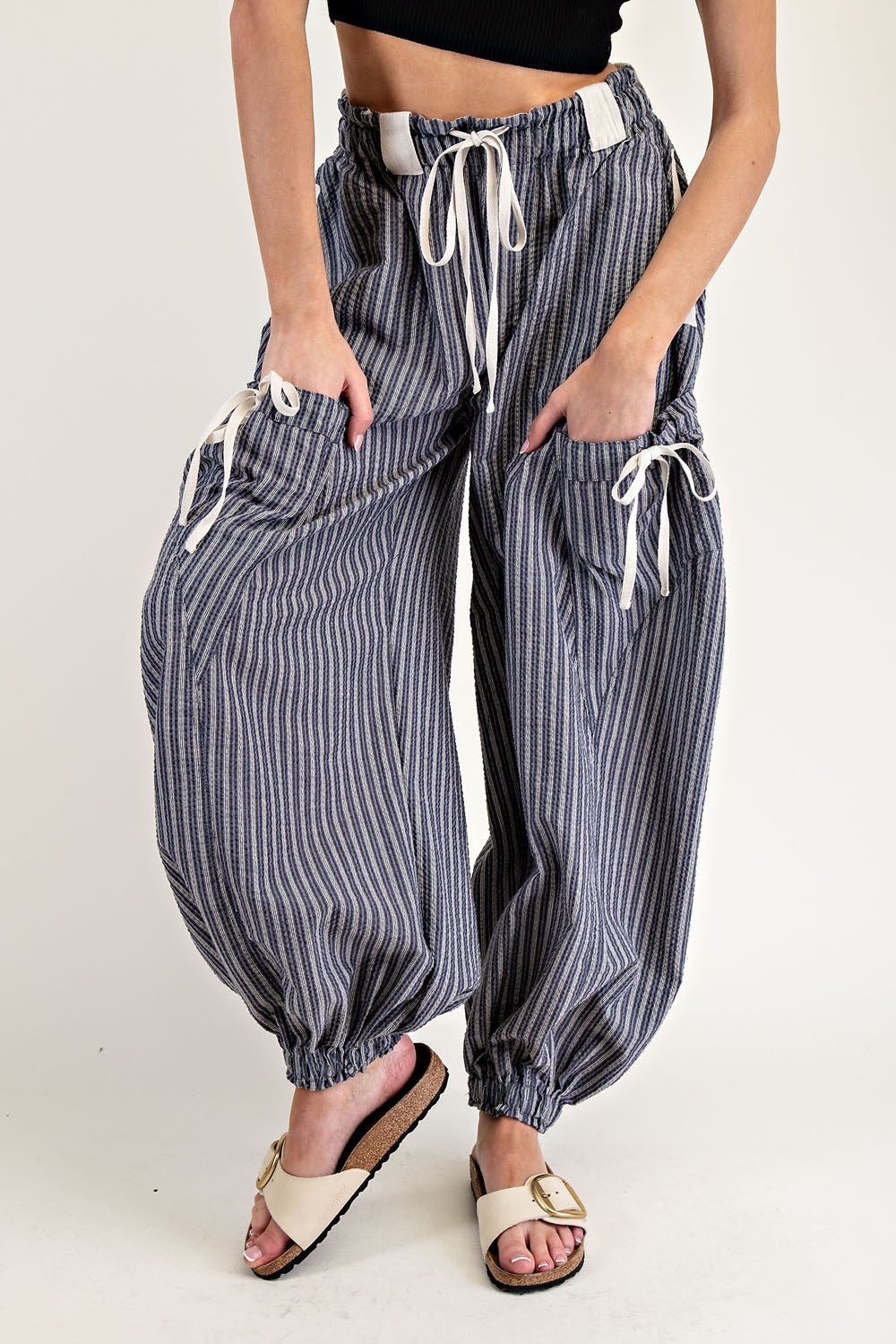 Striped Drawstring Jogger Pants in Denim