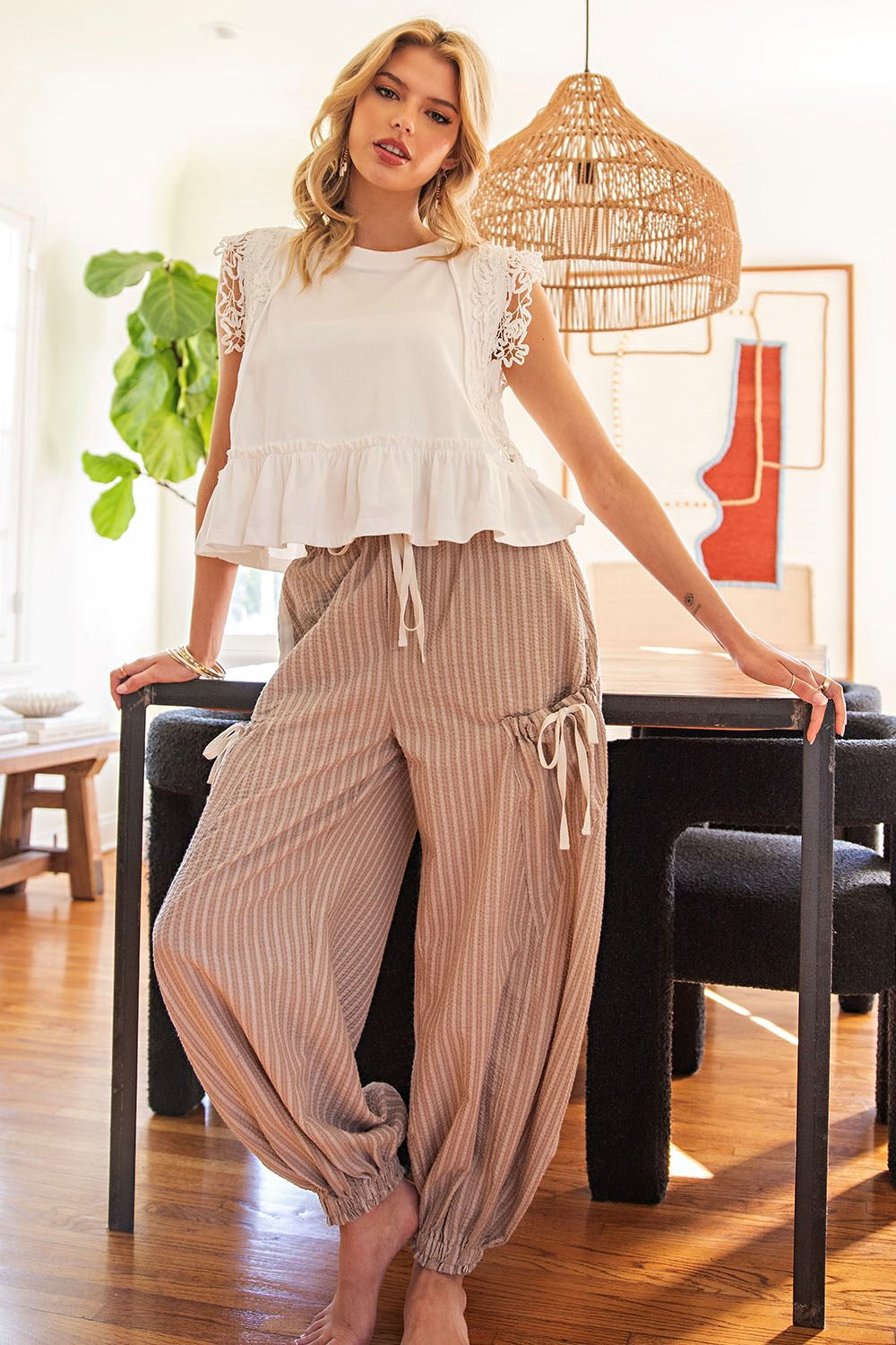 Striped Drawstring Jogger Pants in Oatmeal