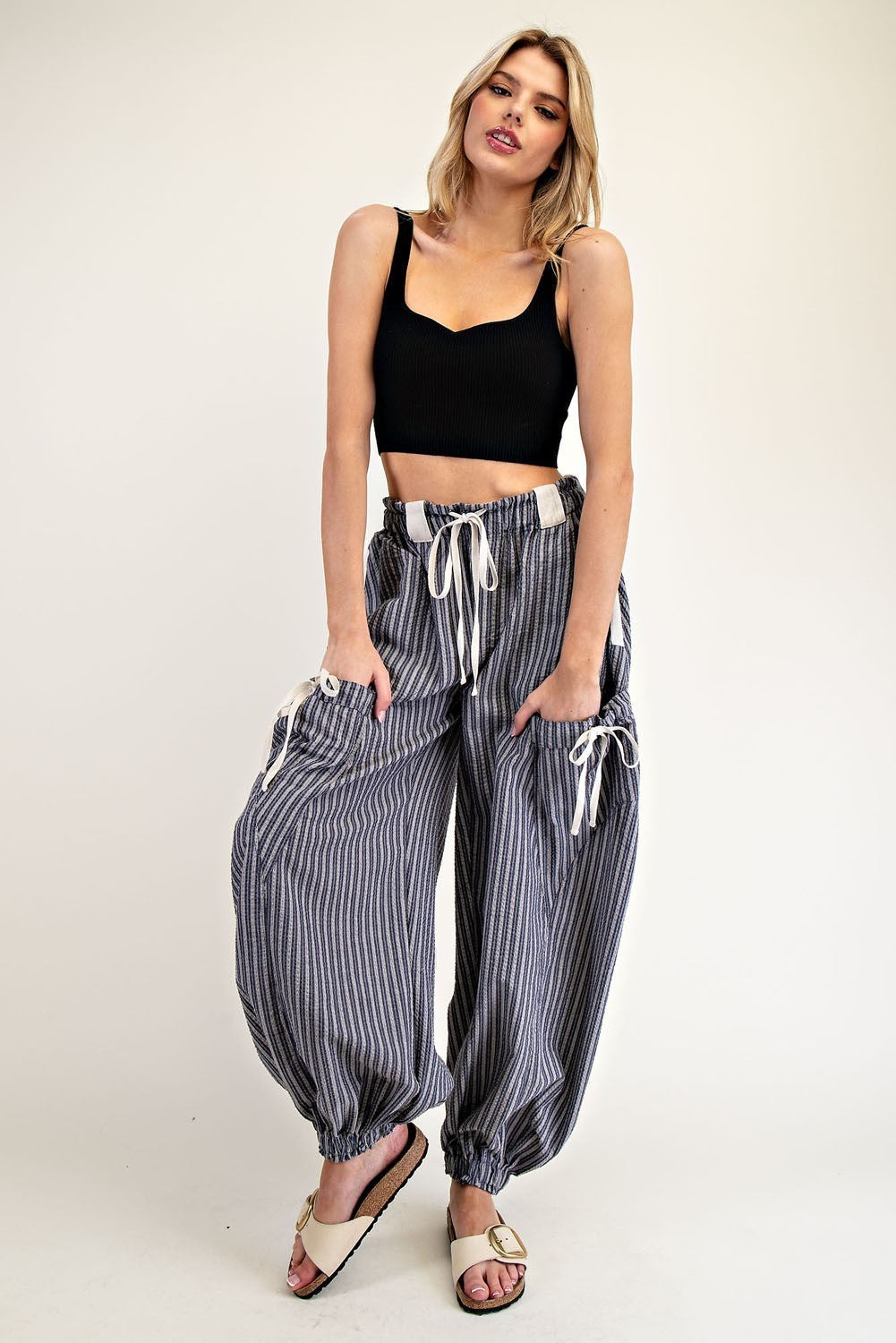 Striped Drawstring Jogger Pants in Denim