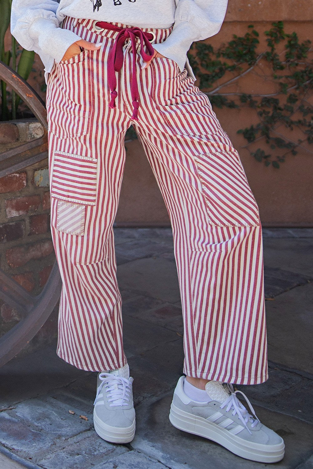 Stripe Drawstring Barrel Pants in Raspberry