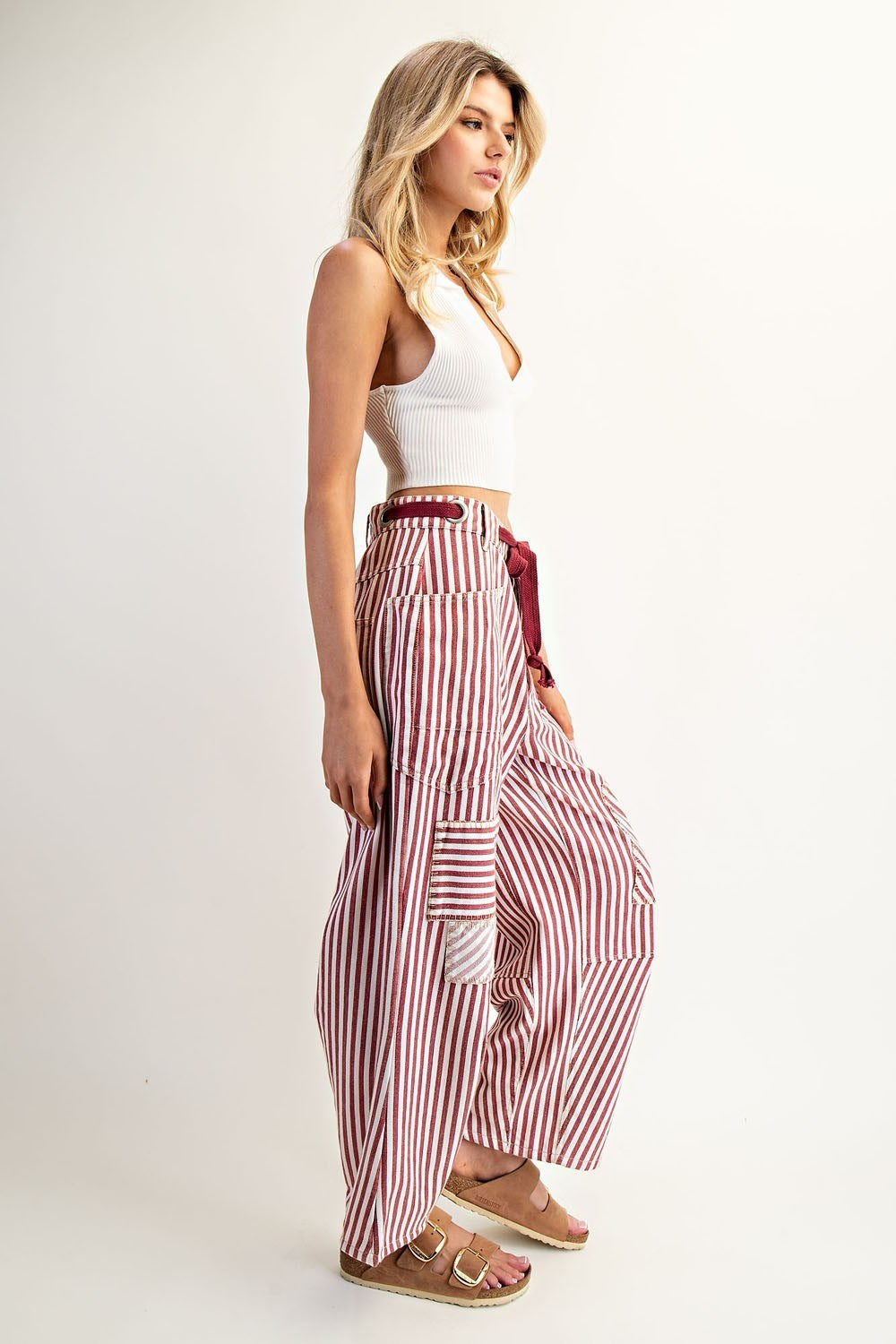 Stripe Drawstring Barrel Pants in Raspberry