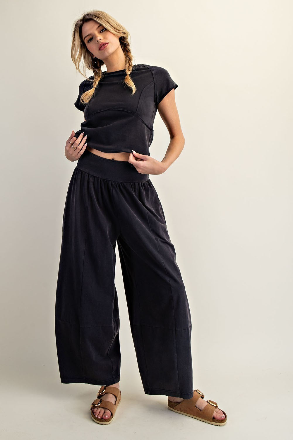 Mineral Wash Crop Pant Set in Ash Black