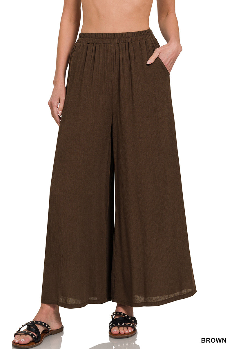 Crinkle Wide Leg Pants in Brown