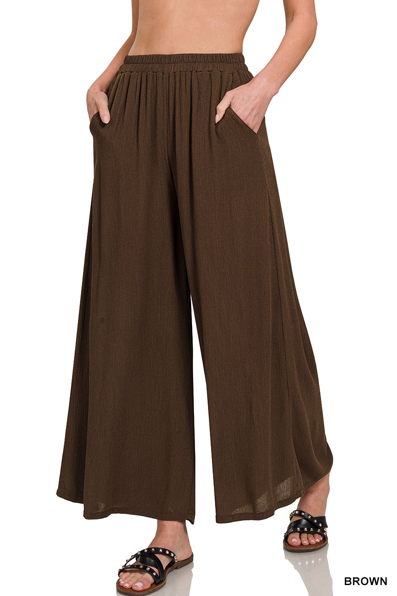 Crinkle Wide Leg Pants in Brown