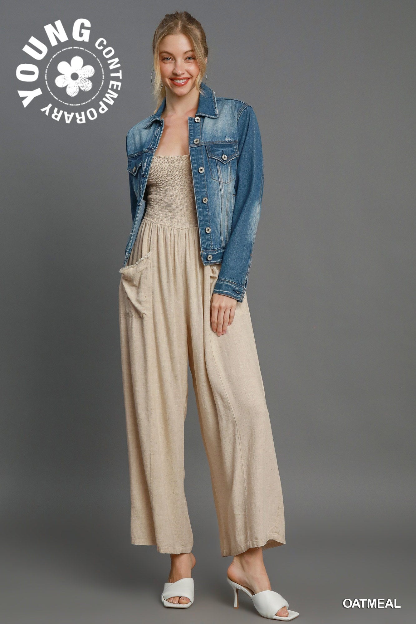 Plus size Smocked Jumpsuit in Oatmeal 40%off use code sale40