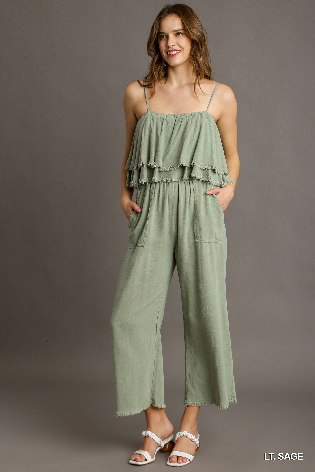 Spaghetti Strap Ruffled Jumpsuit in Light Sage