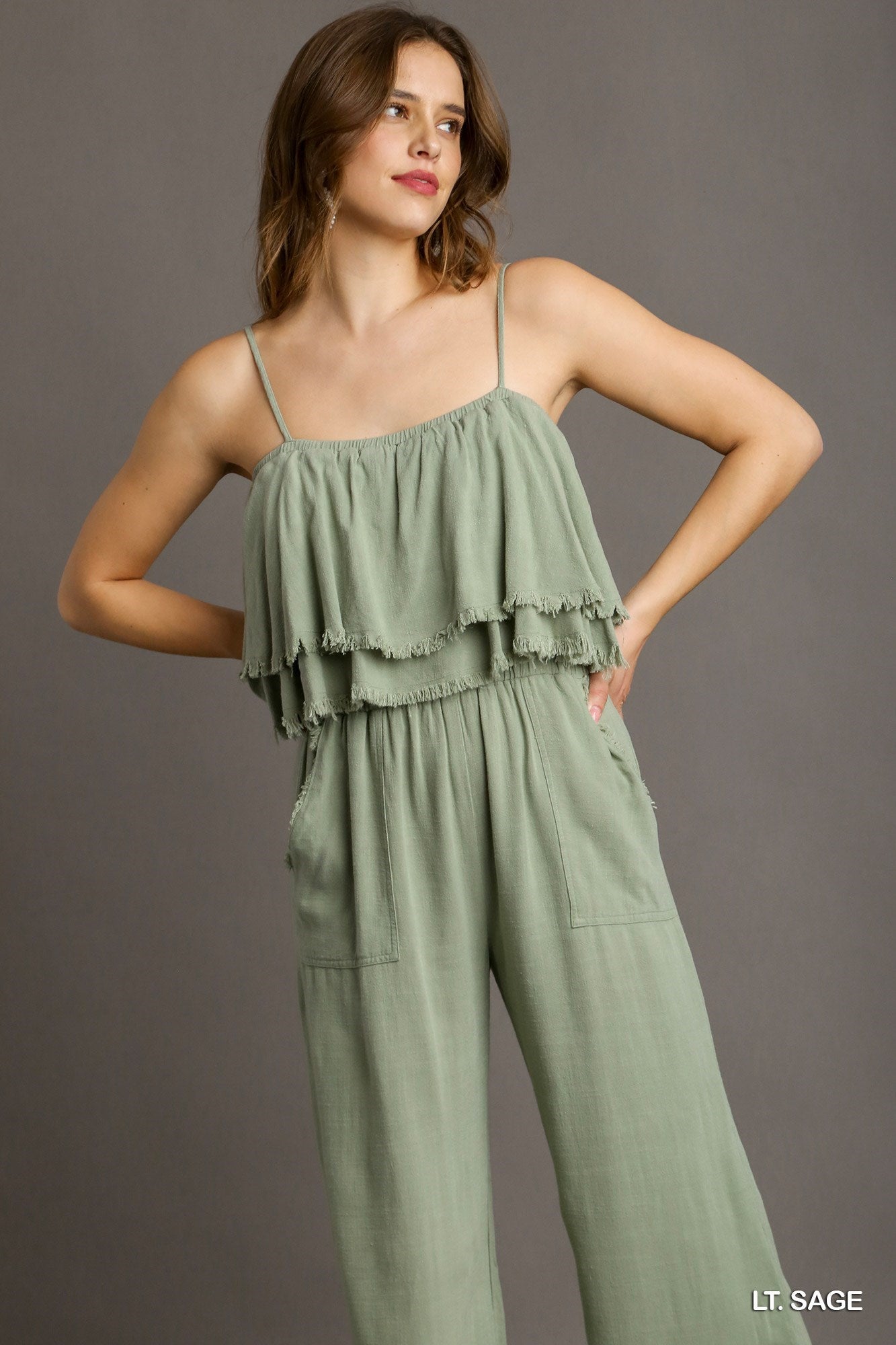 Spaghetti Strap Ruffled Jumpsuit in Light Sage